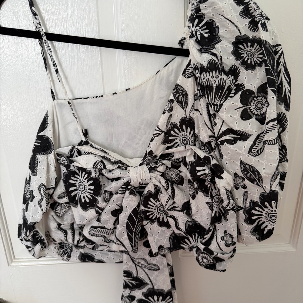 Maeve Black and White Floral One-Shoulder Blouse - Picture 2 of 3